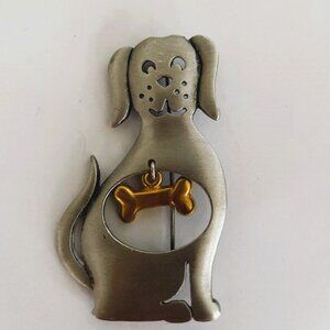 JJ Jonette Brooch Signed Vintage Pewter Dog with Bone EUC